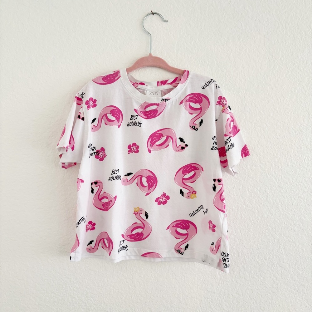 Zara Pink and White Flamingo Print Short Sleeve Tee